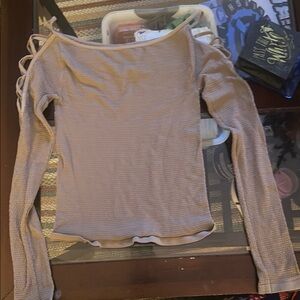 Free People Cream Long Sleeve Cut Out Blouse